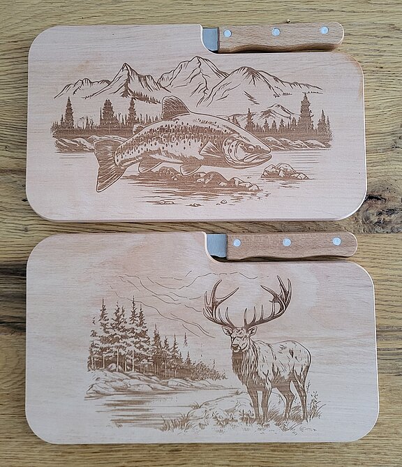 Schneidebretter mit Messer inkl. Hirsch oder Fischgravur